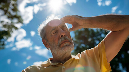 Heat stroke - Senior man with cold pack suffering from heat stroke outdoors