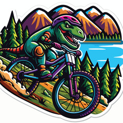 Obraz premium dinosaur riding a bike with mountain 
