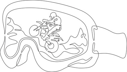 Motocross glasses. A sportsman motorcyclist rides on the track. Reflection of a biker in glasses. One continuous line drawing on a white isolated background. Minimalism linear illustration.