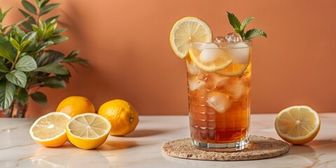 Iced tea with lemon and ice in a tall glass refreshing drink or lemonade on a hot summer day, on bar background.
