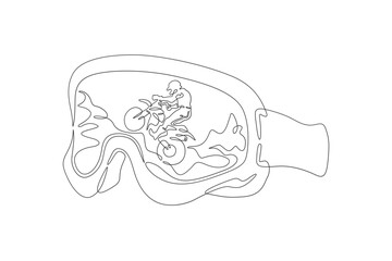 Motocross glasses. A sportsman motorcyclist rides on the track. Reflection of a biker in glasses. One continuous line drawing on a white isolated background. Minimalism linear illustration.