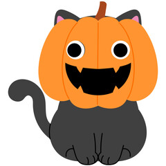 happy black cat wearing pumpkin head illustration 