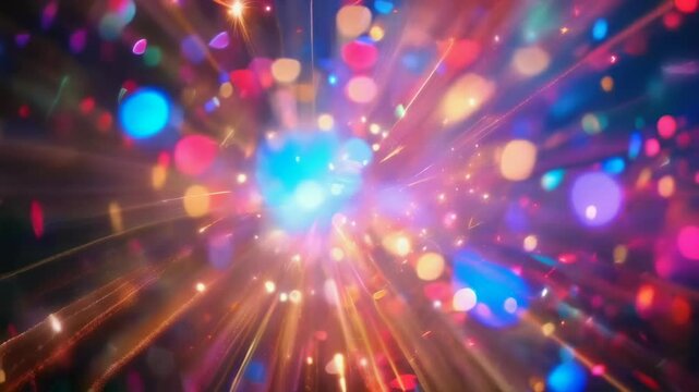 A vibrant display of colorful light trails creates a dynamic abstract image, suggesting movement and energy. The photo captures a multitude of colors bursting from a central point, evoking a festive