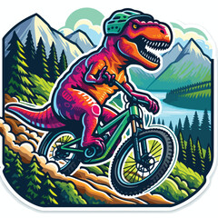 dinosaur riding a bike with mountain
