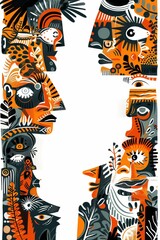 Obraz premium A textured collage of ferocious tiger heads juxtaposed with lush jungle foliage. The crisp white background provides a canvas for personalized messages.