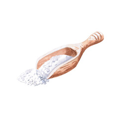 Wooden cup with salt in watercolor illustration on a white background. Hand drawn scoop illustration for cookbooks, advertisements for spas, hammams, baths, physiotherapeutic saunas, beauty salons