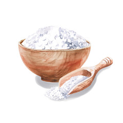 Wooden cup with salt in watercolor illustration on a white background. Hand-drawn medical illustration of mice, salt, mushrooms for culinary books, spa advertisements, baths, saunas, cosmetic salons.