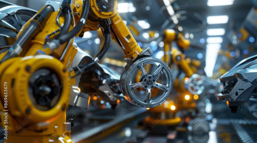 Poster a close-up shot of a yellow industrial robotic arm assembling a car wheel in a modern factory settin