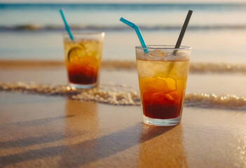 Exotic summer drinks , blur sandy beach on background