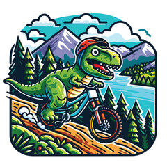 dinosaur riding a bike with mountain
