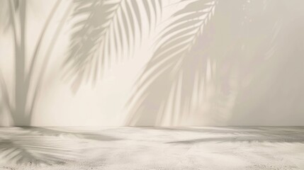 Soft shadows of palm leaves on a white wall, creating a serene and minimalist natural ambiance.