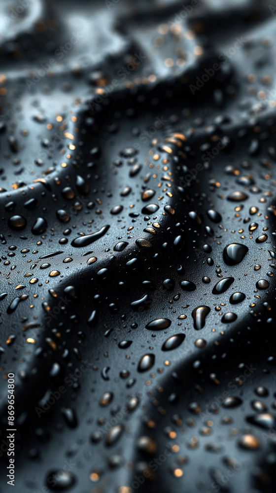 Poster water droplets resting on a wavy black surface with gold highlights