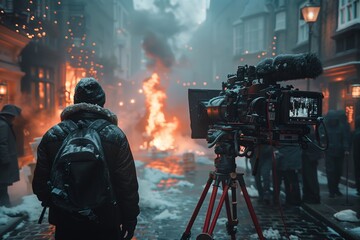 Fototapeta premium Film Crew Shooting Scene in Snowy City Street With Fire