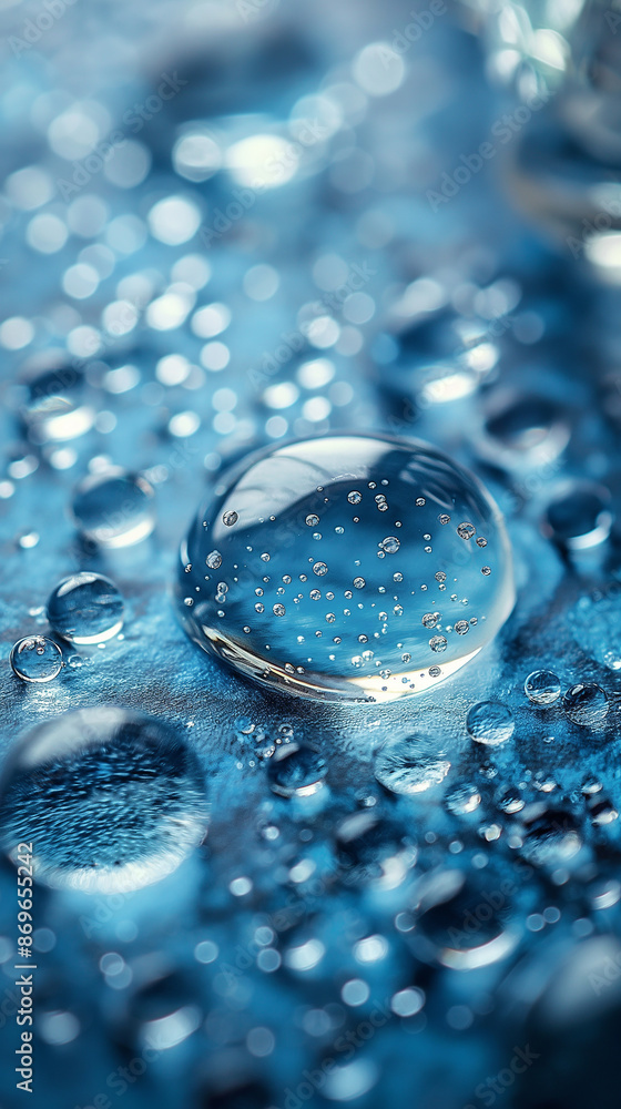 Poster Macro photography of water drops creating abstract design on blue background
