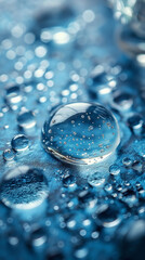 Macro photography of water drops creating abstract design on blue background