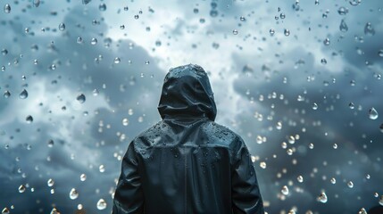 Person in a hooded raincoat stands in the rain, facing a cloudy sky. Raindrops are captured mid-fall, creating a dramatic and immersive scene.