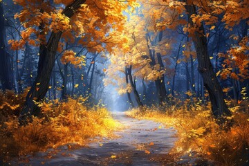 Fototapeta premium Enchanted forest with a sunlit path lined by autumn trees and golden leaves, creating a magical and serene atmosphere.