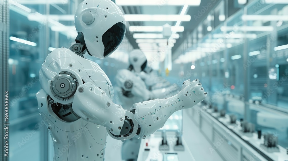 Poster cleanroom environment with robots handling delicate pharmaceutical or electronic components, ensurin