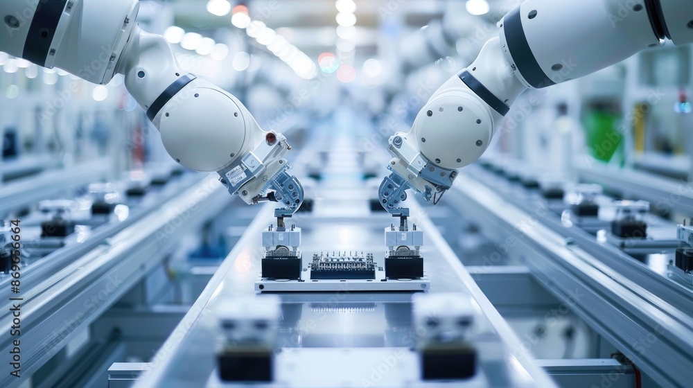 Poster close-up shot of automated robotic arms assembling electronic devices in a high-tech manufacturing p