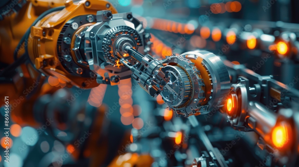 Poster close-up view of a robotic arm assembling car parts on an assembly line, with precision and speed, s