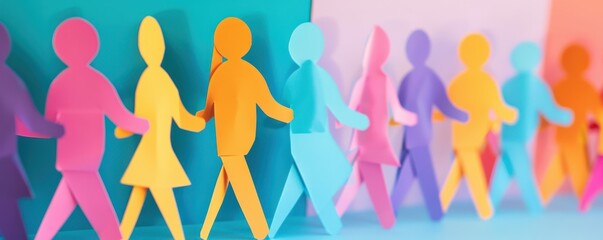 A group of people holding hands in a row. The people are of different colors and sizes. Concept of unity and togetherness. Free copy space for text.