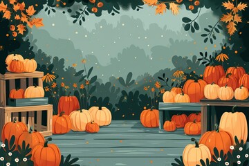 Autumn scene with a variety of pumpkins on display in a picturesque garden, perfect for fall and harvest season themes.