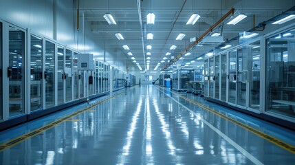 Obraz premium Large industrial building with a long, empty hallway. The walls are made of glass and the floor is made of concrete. The space is very clean and organized, with no furniture or people visible