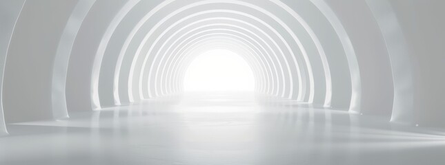 A futuristic, bright white tunnel with glowing lights. Clean lines and modern design in a sci-fi atmosphere.
