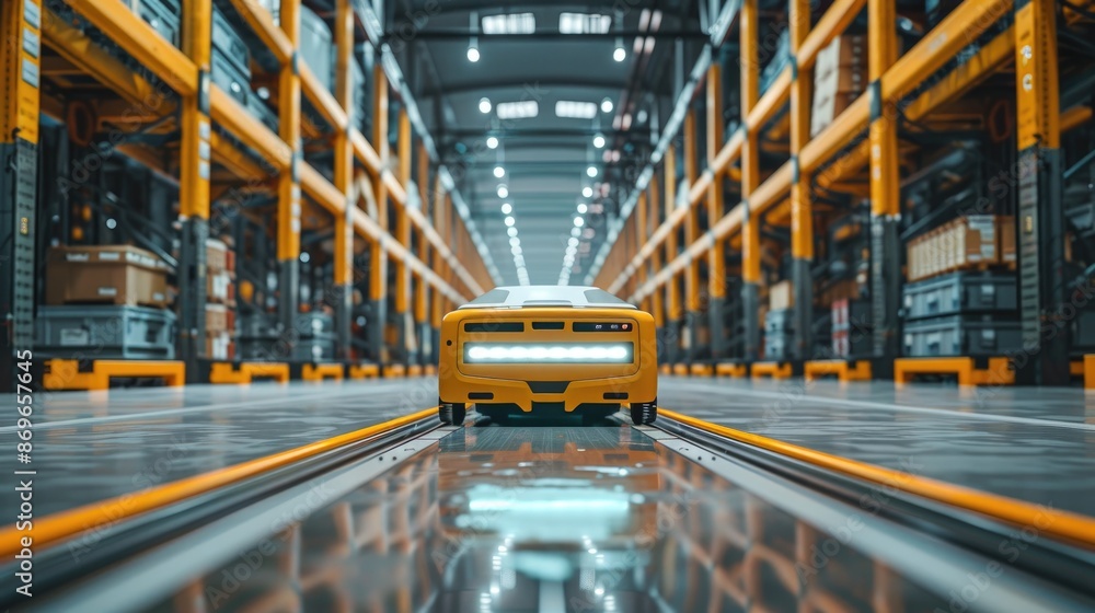 Poster fully automated warehouse with robotic systems managing inventory and moving goods.