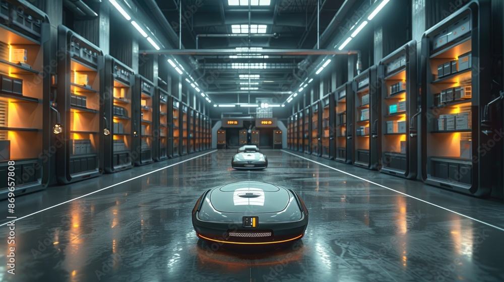 Poster futuristic warehouse where autonomous robots are sorting and transporting packages without human int