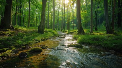 Obraz premium Stream of water flows through a forest. The water is clear and the trees are green