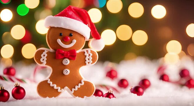 Animated Gingerbread man. Festive video background with smiling gingerbread man over blurred bokeh background, copy space. Happy winter holidays concept. Merry Christmas and Happy New Year visuals
