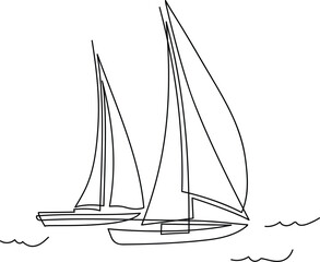 Yachts on sea waves. Seagull in the sky. Continuous line  drawing illustration. Isolated on white background