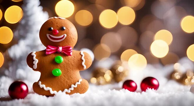 Gingerbread man. Festive video background with smiling gingerbread man over blurred bokeh background, Christmas ornaments. Happy winter holidays concept. Merry Christmas and Happy New Year visuals