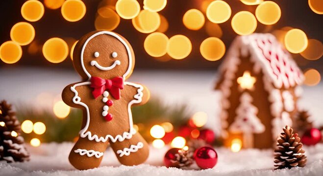 Gingerbread man. Festive video background with smiling gingerbread man over blurred bokeh background, Christmas ornaments. Happy winter holidays concept. Merry Christmas and Happy New Year visuals