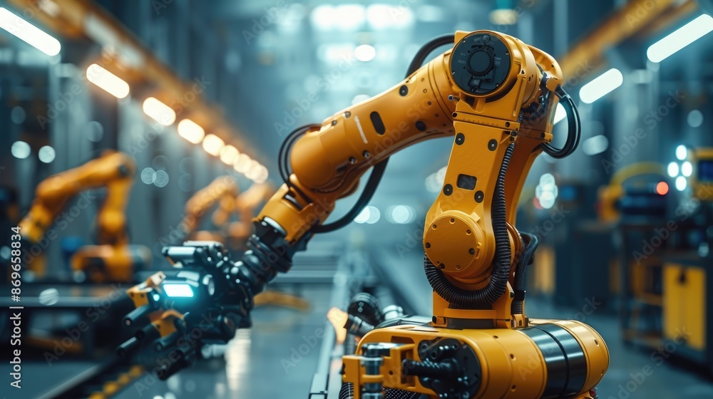Poster robot is working in a factory. the robot is yellow and has a black head