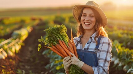 Smiling female farmer holding a bunch of fresh carrots, standing proudly in her organic farm during golden hour