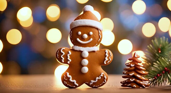 Animated Gingerbread man. Festive video background with smiling gingerbread man over blurred bokeh background, copy space. Happy winter holidays concept. Merry Christmas and Happy New Year visuals