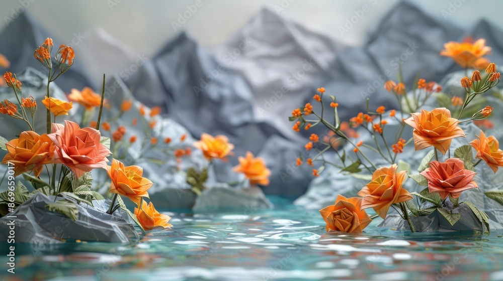 Aufkleber mountain range is in the background with a river in the foreground. the river is filled with orange 