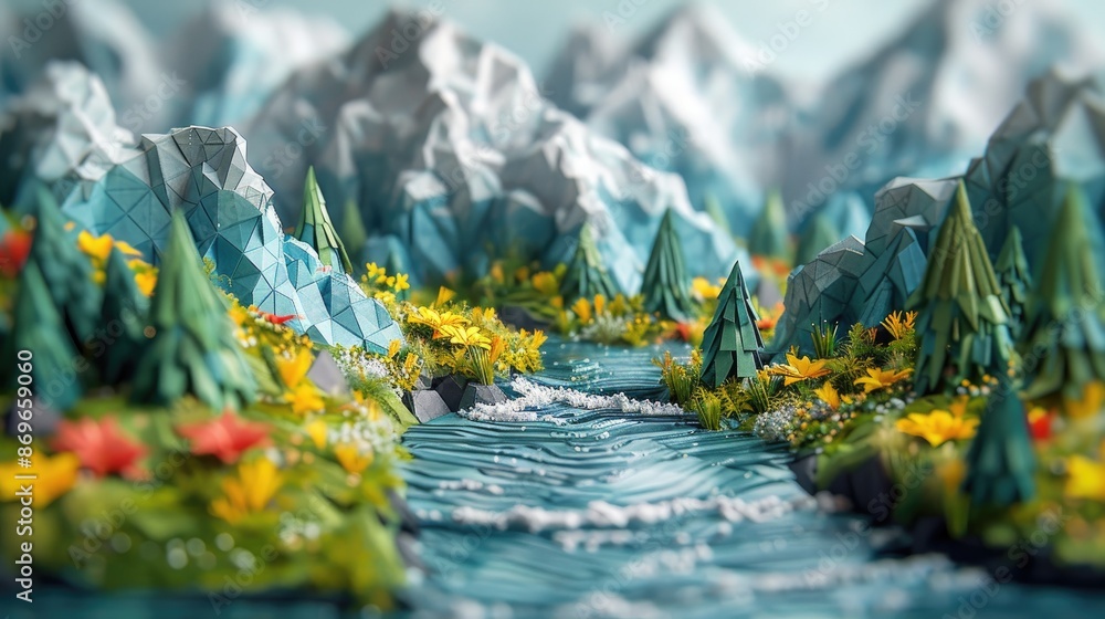 Poster paper mountain scene with a river running through it. the river is surrounded by trees and flowers, 