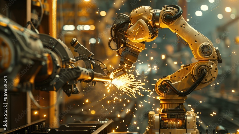 Poster robot is working on a piece of machinery, surrounded by sparks. the scene is futuristic and industri