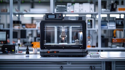 Black machine with a red button on it. The machine is on a table in a lab