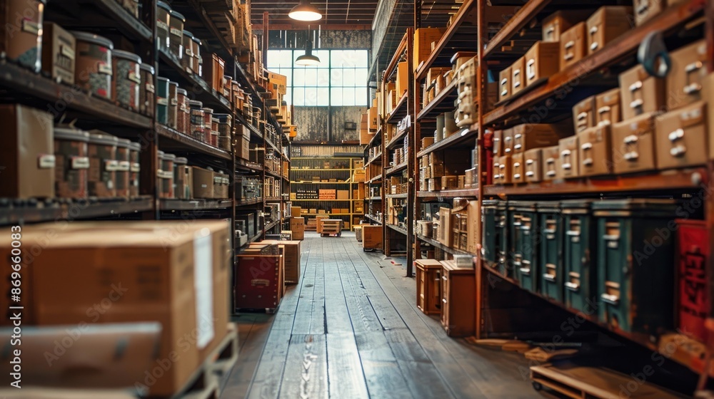 Poster large warehouse with many boxes on the shelves. the boxes are stacked in rows and the shelves are fi