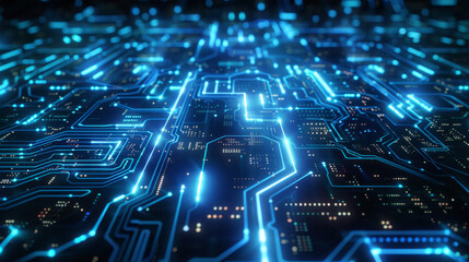 Obraz premium Abstract futuristic background with a blue glowing digital circuit board in the style of technology and computer network concept