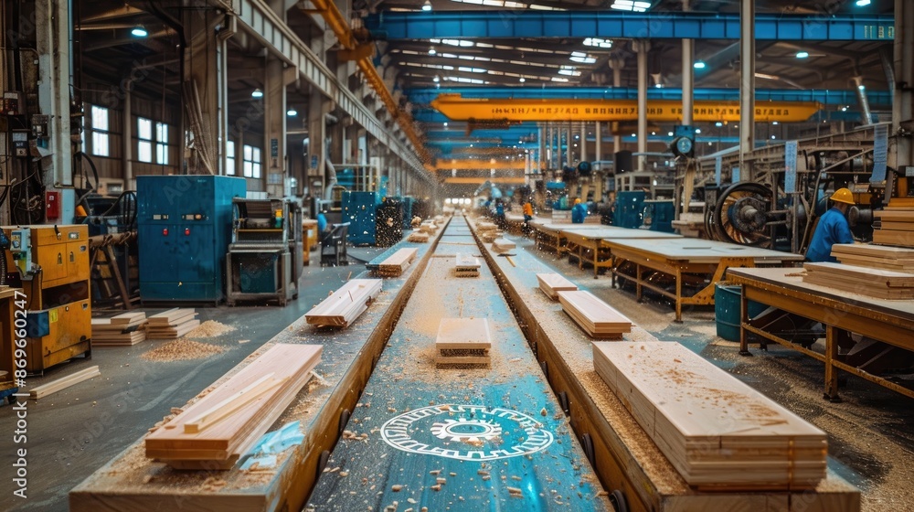 Poster large factory with many workers and machines. scene is busy and industrial. the workers are busy cut