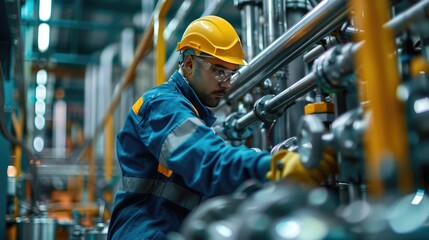 Man in a yellow helmet is working on a pipe. Concept of hard work and dedication, as the man is focused on his task. The yellow helmet and blue jacket give the impression of a professional