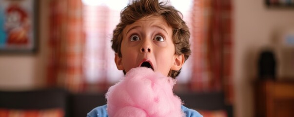 Obraz premium Young boy with a surprised expression, enjoying cotton candy, capturing the joy and wonder of childhood moments and sweet treats. Free copy space.