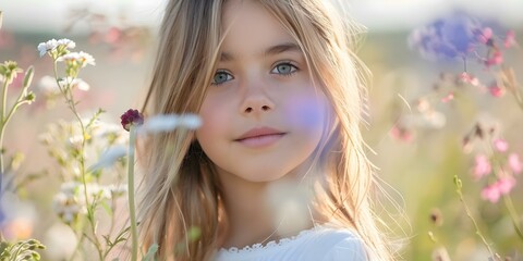 Fototapeta premium Girl in a Meadow Surrounded by Blooming Flowers. Concept Spring Photoshoot, Nature backdrop, Floral setting, Dreamy aesthetic