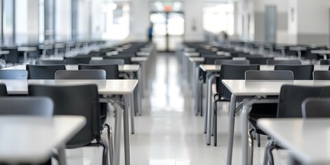 Quiet school cafeteria before students clean tables and food serving area. Concept School Environment, Student Activities, Cleanliness, Cafeteria Management, Educational Spaces