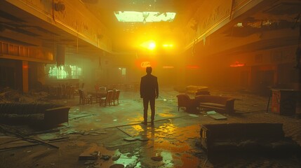 A Lone Figure Stands in a Desolate, Sunlit Interior
